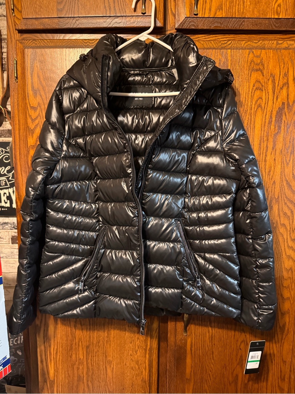 Guess Shiny Black Quilted Hooded Puffer Jacket